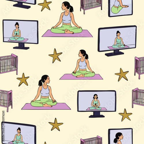 Seamless pattern of mothers practicing yoga and meditation, some on screens, balancing self-care with baby cribs, illustrating modern maternal wellness and mindful living.