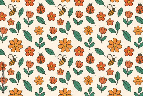 Retro floral and insect seamless pattern with ladybugs, bees, and orange flowers