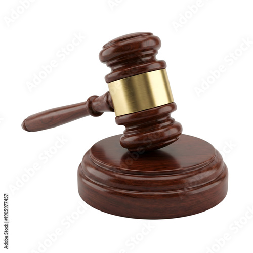 Wooden judge's gavel with brass band resting on its block, isolated on transparent background