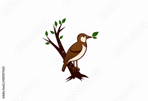 Illustration of a small brown bird perched on a branch with green leaves on a white background, showcasing nature and wildlife themes