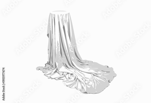 A tall, white pedestal elegantly draped with cascading fabric, creating a soft and sophisticated silhouette with graceful folds and flowing texture against a neutral backdrop.