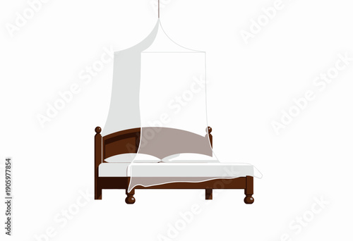 Elegant Wooden Bed with White Canopy and Pillows Creating a Serene and Tranquil Bedroom Atmosphere in Minimalist Interior Design