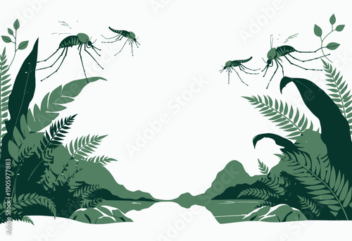 A Serene Waterscape Framed by Lush Greenery with Gracefully Hovering Insects Against a Misty Mountainous Horizon