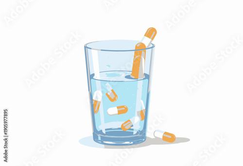Illustration of Transparent Glass with Floating Capsules in Clear Water Showcasing Supplement Concept and Modern Health Approach
