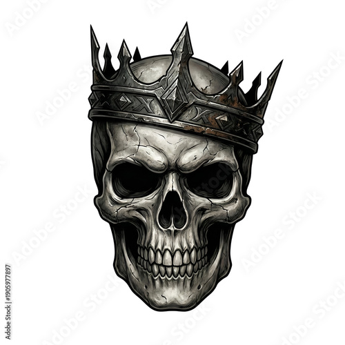 Creepy, detailed skull wearing a weathered metal crown with sharp points, isolated on transparent background