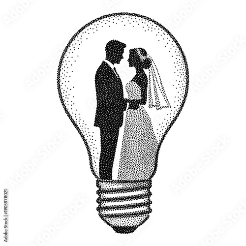 silhouette of a bride and groom inside a light bulb, creative wedding illustration in halftone stipple effect style