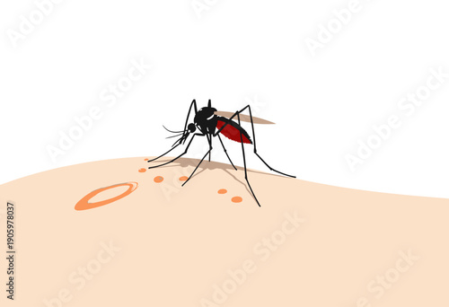 Close-up illustration of mosquito landing on human skin leaving visible bite marks and red swelling reactions while transmitting diseases through blood feeding
