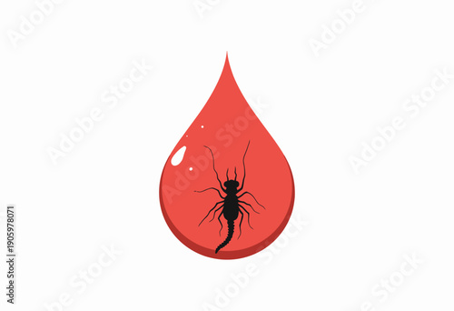 Silhouette of an Insect Embedded in a Red Liquid Droplet Symbolizing Danger and Disease Transmission on a White Background