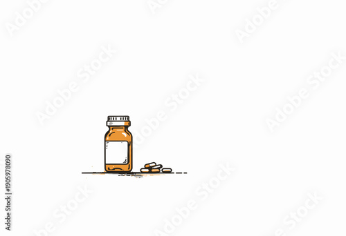 Illustration of a Medicine Bottle with Pills Spilled on Surface: Conceptual Image Representing Pharmaceuticals and Healthcare Treatment