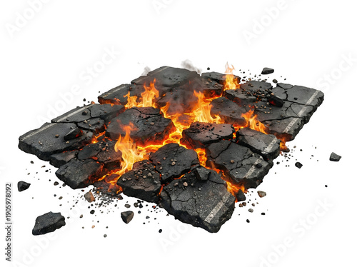 Fragmented asphalt road engulfed in fiery lava and flames, isolated on transparent background