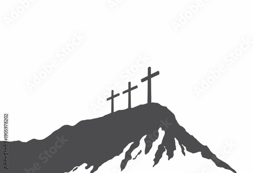 Silhouette of Three Crosses on a Mountain Summit Against the Clear Sky Symbolizing Faith, Redemption, and Spiritual Reflection in a Minimalist Landscape