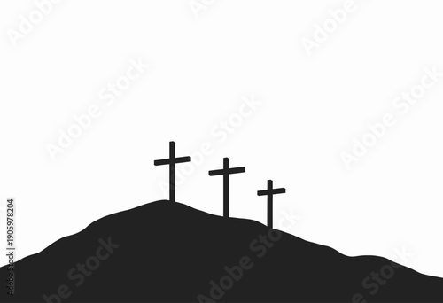 Silhouette of Three Crosses on a Hill Symbolizing Spiritual Significance and Reflection Against a Minimalist White Background