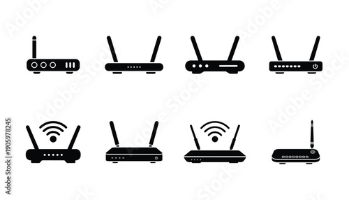Wireless router icon set with WiFi signal flat network technology