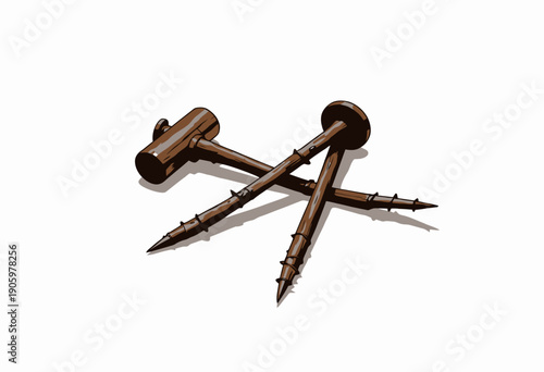 Intricately Carved Wooden Stakes and Hammer Displayed on a Minimalist White Background Showcasing Artisanal Craftsmanship and Historic Utility