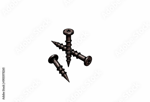Three intricately designed metallic screws with pointed tips arranged in a scattered formation on a minimalistic white background