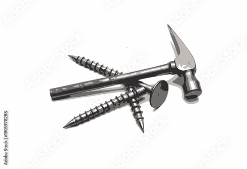 Close-up of a Hammer and Metal Screws Displaying Tools for Construction and DIY Projects Against a Plain White Background