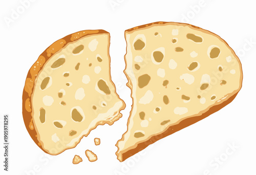 Illustration of a Sliced Rustic Artisan Bread Featuring Open Crumb Texture and Golden Brown Crust on a White Background