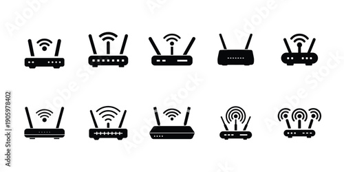 Black silhouette wi fi router icon set on white background