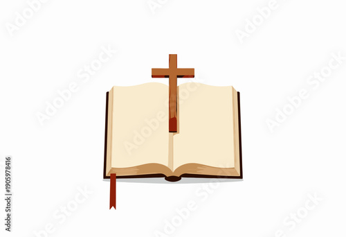 Open book with a wooden cross resting on its pages, symbolizing a connection between faith and knowledge in a spiritual and educational context