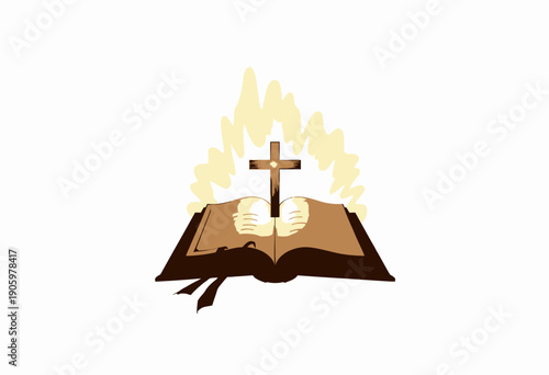 Illustration of an open book with a glowing cross symbolizing faith, spirituality, and wisdom, surrounded by light to represent divine inspiration and guidance