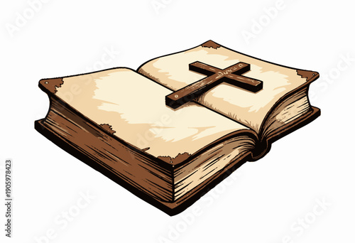 Illustration of an Open Antique Bible with Wooden Cross on White Background Symbolizing Faith and Spirituality in a Vintage Artistic Style