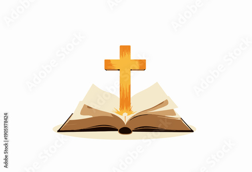 An open book with glowing pages that depict spiritual enlightenment, crowned by a radiant wooden cross symbolizing faith and divine inspiration.