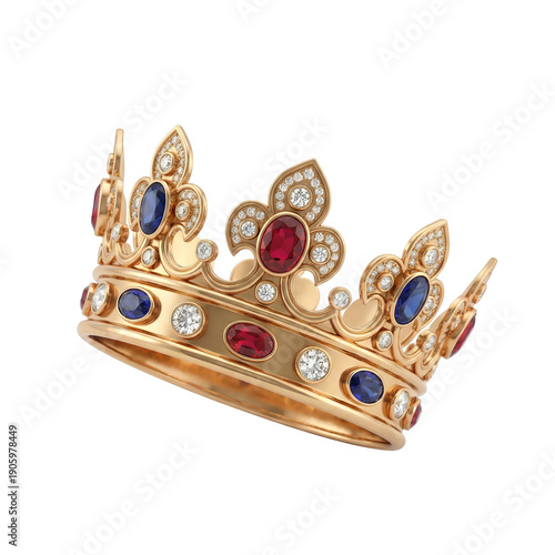 Ornate golden royal crown adorned with blue sapphires, red rubies, and diamonds, isolated on transparent background