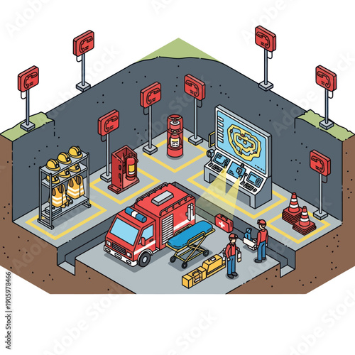 Isometric Gas Station Scene with Fire Truck.