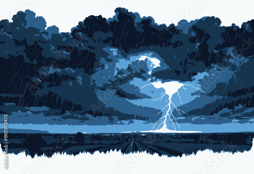 Intense Thunderstorm Illuminating a Vast Open Field with Dramatic Lightning Under a Dark and Majestic Cloud-Filled Sky on a Rain-Soaked Night