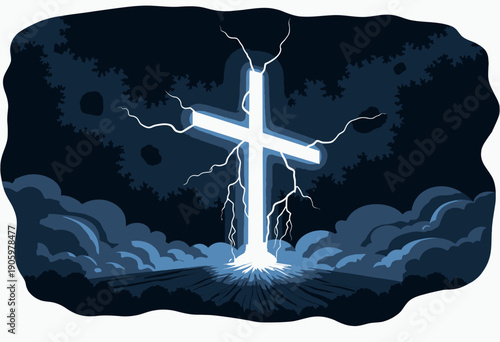 Vibrant Glowing Cross Illuminating a Dark Stormy Sky with Striking Lightning Bursts Amidst Billowing Clouds and Silhouetted Landscape at Night
