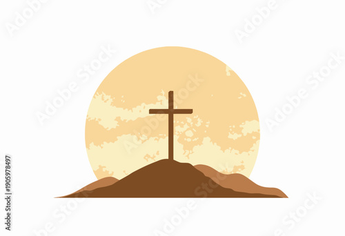 A solitary wooden cross on a serene hilltop silhouetted against a golden sunset sky, reflecting peaceful solitude and spiritual symbolism in nature's embrace.