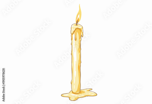 Detailed Illustration of a Dripping Wax Candle with a Soft Flickering Flame Creating a Warm Ambient Glow on a Clean White Background