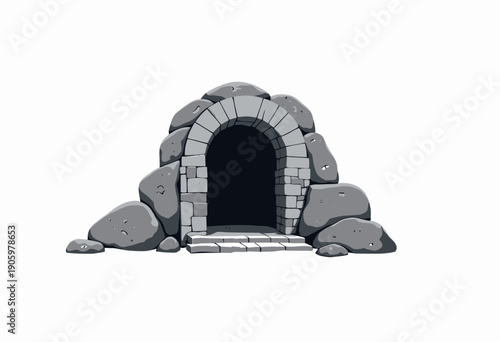 Illustration of a stone entrance to an underground passageway, surrounded by rugged rocks, depicting a mysterious, ancient cave-like opening in a minimalist style