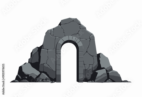 Ancient Stone Archway Surrounded by Jagged Rocks on Isolated White Background Depicting Mysterious and Historic Architectural Structure