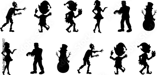 Christmas characters silhouettes illustrations set. Santa Claus, elf, snowman and reindeer.