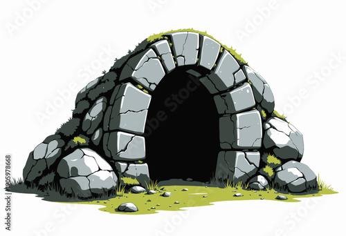 Mystical ancient stone cave entrance surrounded by lush green moss and scattered rocks on a vibrant grassy terrain