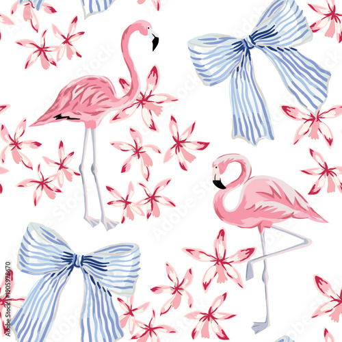 Tropical pink flamingo, orchid flowers, blue striped bows, white background. Seamless pattern. Vector illustration. Exotic birds, plants. Summer beach floral design. Paradise nature