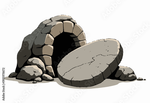 Illustration of an ancient stone tomb with a circular entrance, partially covered by large broken slabs, suggesting historical significance and archaeological interest