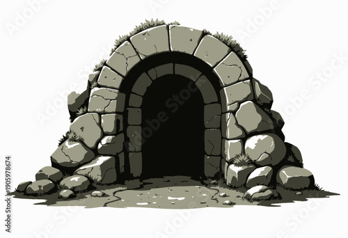 Illustration of a Stone Entrance to a Mysterious Underground Tunnel with Rocky Archway Surrounded by Moss and Vegetation Against a White Background