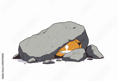 Mysterious Glow Emanating From Beneath a Large Boulder in a Deserted Rocky Landscape During Twilight