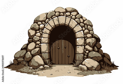 Rustic Stone Structure with Wooden Door Amidst Natural Rock Formation and Surrounding Greenery on Isolated Background