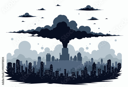 Monochrome cityscape silhouette with towering skyscrapers under a dramatic cloudy sky with dark billowing smoke, conveying an atmosphere of urban contrast and tension.
