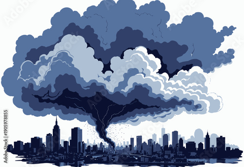 Dramatic city skyline under a powerful, swirling thunderstorm with dark, intense clouds and a striking lightning bolt illuminating the urban landscape