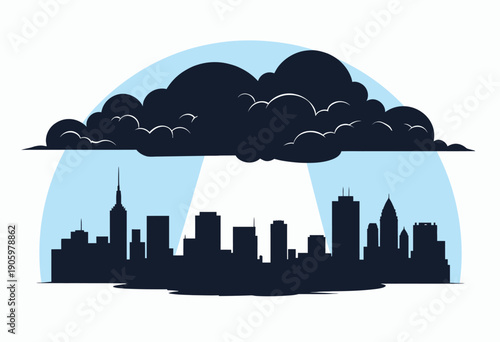 Silhouette of Urban Skyline with Thick Cloud Cover and Light Breaking Through Over Modern City Featuring Tall Skyscrapers Against Blue Sky Backdrop
