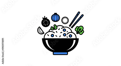 Rice bowl with vegetables and chopsticks