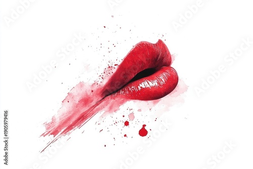 Red lipstick kiss mark isolated on a white background, in a clip art style, with a white background, watercolor effect