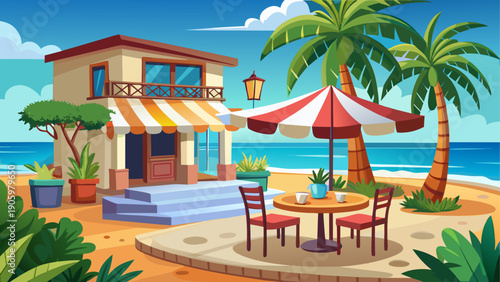 Cartoon vector illustration of a small terrace cafe overlooking the sea with palm shade simple layout and flat design