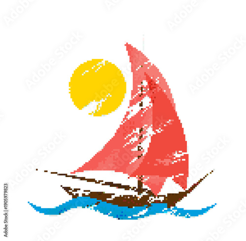 Pixel symbol of sailboat in the sea.