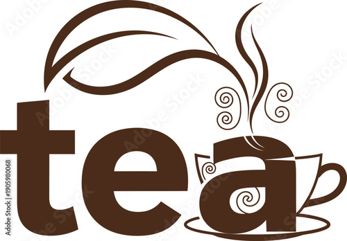 Brown tea logo with steaming cup isolated on transparent background