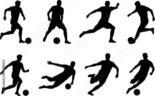 Collection of eight black silhouette soccer players engaged in various actions with a ball isolated on a white background